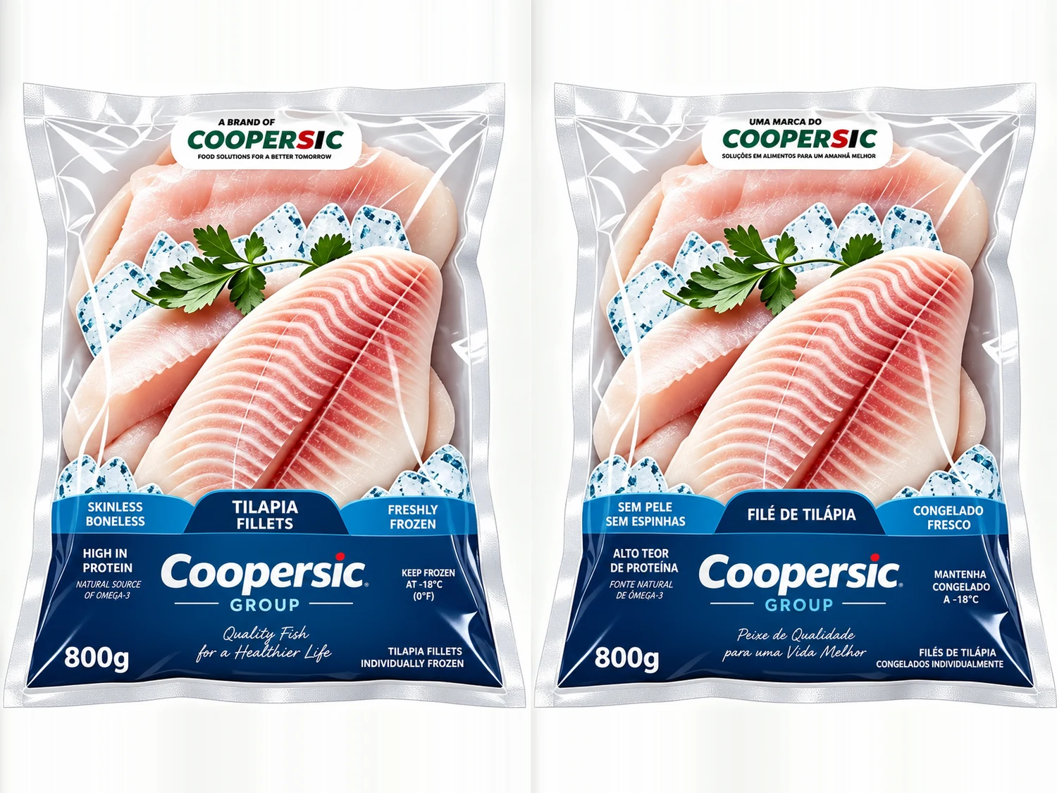 Embalagens de filé de tilápia congelado da Coopersic, 800 g, nas versões em inglês e em português